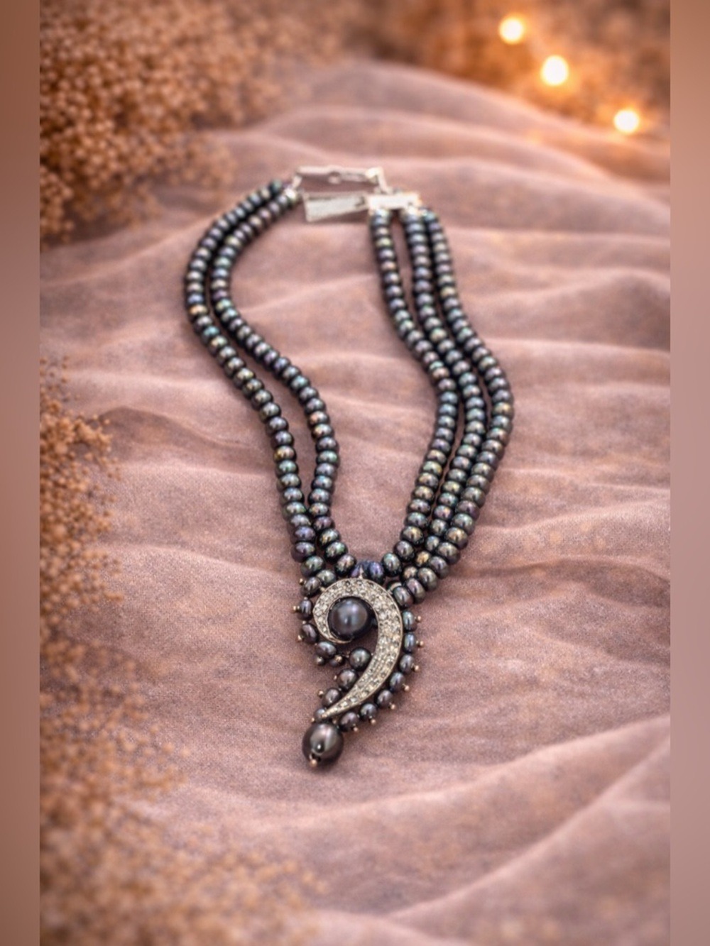 Three-Strand Black Pearl Necklace with Rhinestone Pendant